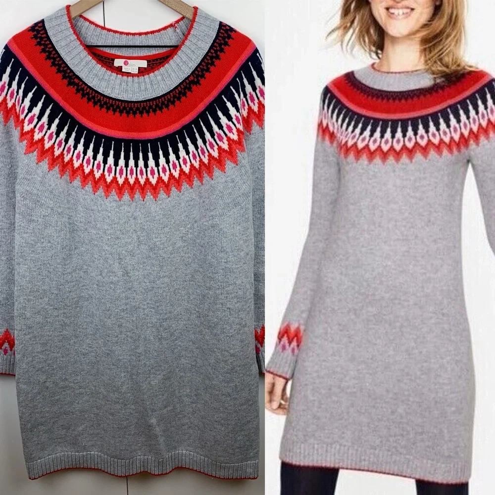 Boden Agnes Fair Isle Sweater Dress Wool Blend Red Grey Long Sleeve Mini Size 14
